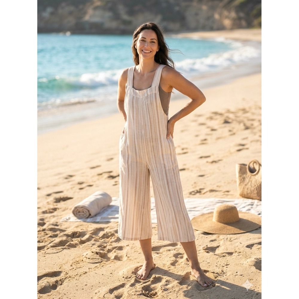Calypso St. Barth Linen Striped Wide Leg Jumpsuit tan White XS NWT Resortwear